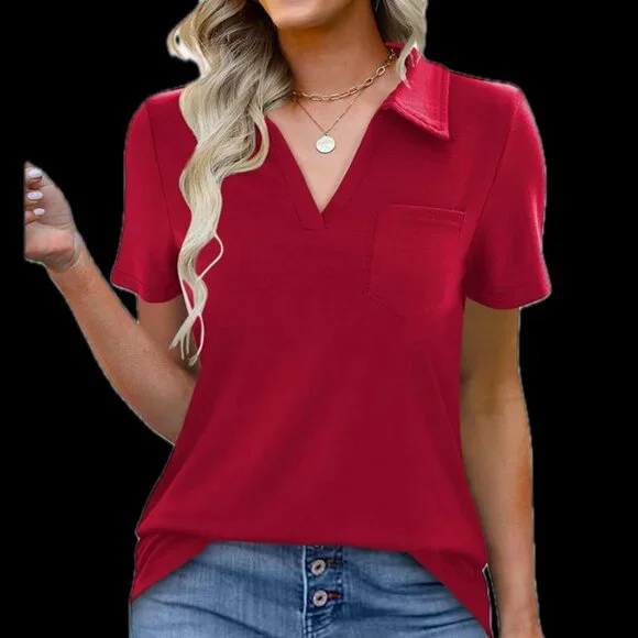 Women's L Red Polo Shirt Collared Work Top Short Sleeve Business Casual Dressy B - Picture 2 of 5